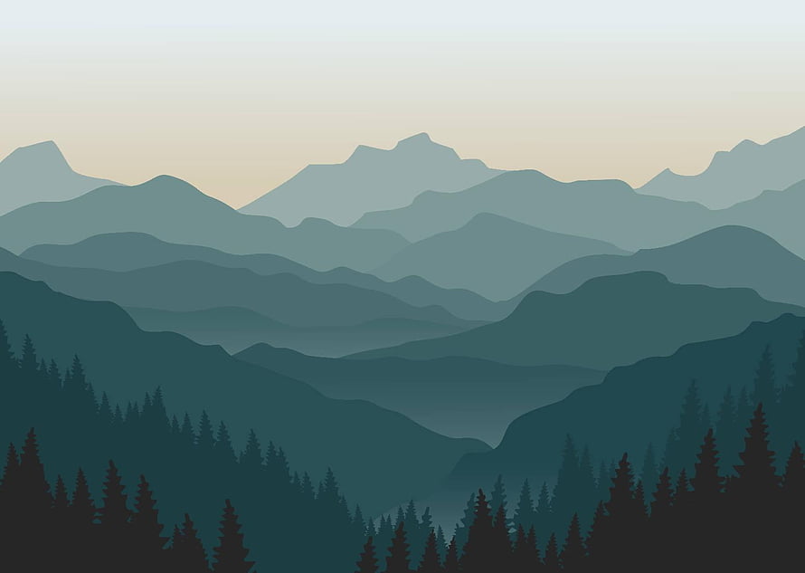 Layered Mountain Ranges with Pine Forest Silhouettes in Muted Teal and Misty Dawn Light HD wallpaper