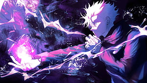 Gojo Satoru from Jujutsu Kaisen casting purple energy spell in anime style HD wallpaper