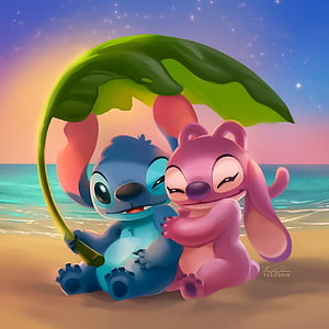 Stitch and Angel Hugging Under a Leaf Umbrella on a Tropical Beach at Sunset HD phone wallpaper