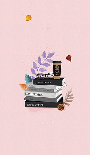 Cozy Autumn Reading Scene with Book Stack, Coffee Cup, and Botanical Elements on Pink Background HD phone wallpaper