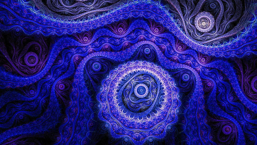 Intricate Blue and Purple Fractal Art with Swirling Mandala Patterns and Dark Cosmic Background HD wallpaper