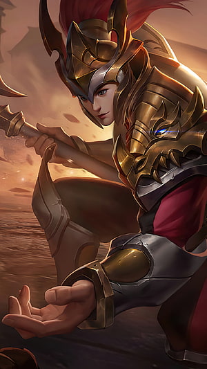 Zilong from Mobile Legends in ornate golden armor crouching with a spear on a dusty battlefield at sunset HD phone wallpaper