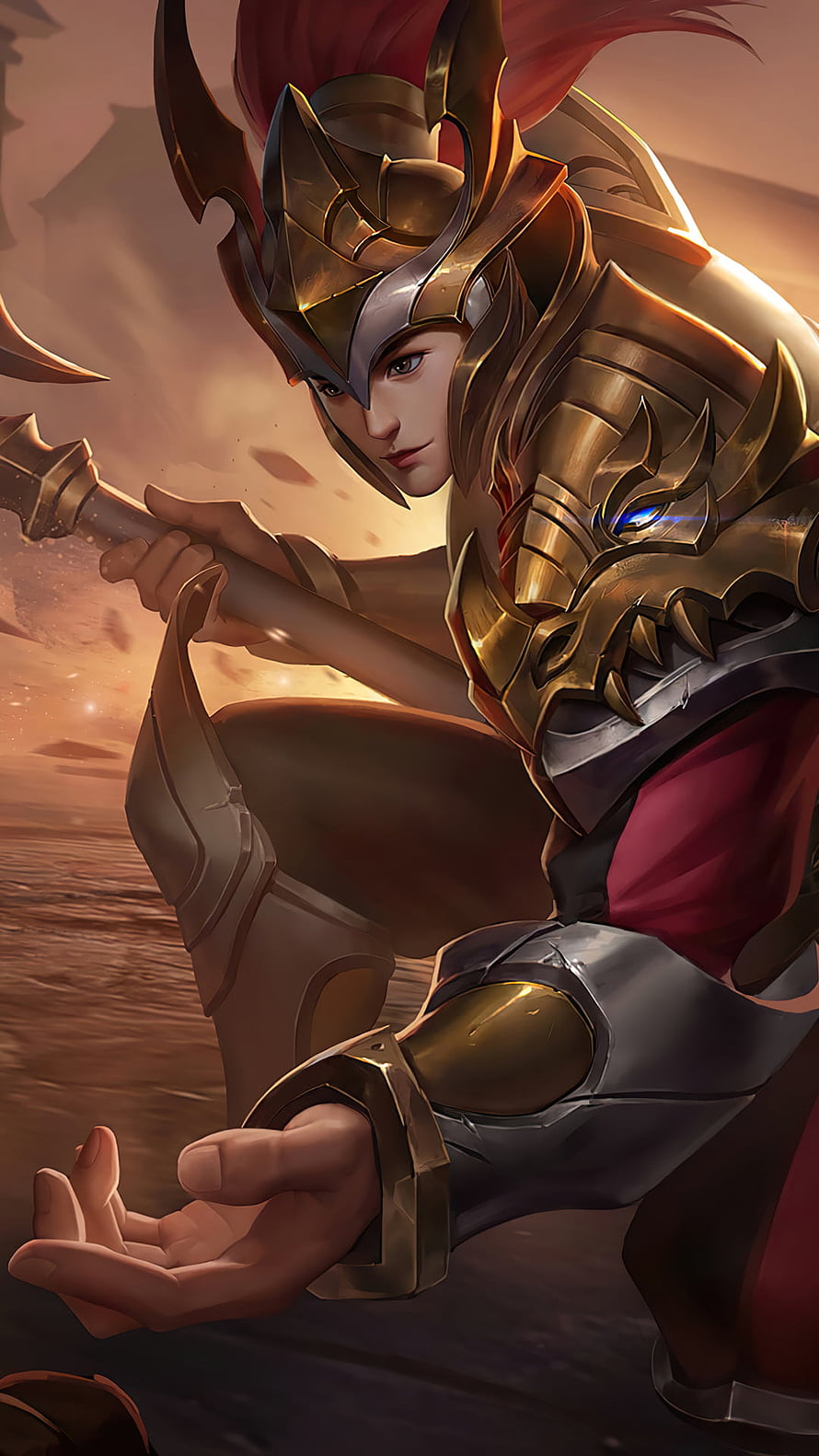 Zilong from Mobile Legends in ornate golden armor crouching with a spear on a dusty battlefield at sunset HD phone wallpaper