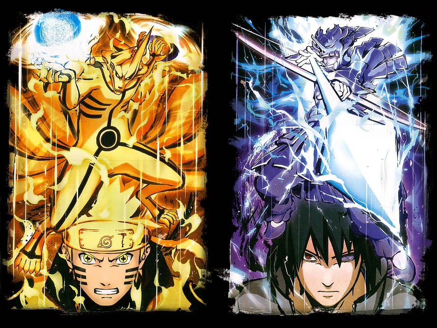 Naruto and Sasuke in Six Paths Sage Mode with Kurama and Susanoo HD wallpaper