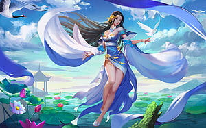 Ethereal Fantasy Dancer in Flowing Blue Veils Amidst Lotus Pond and Cranes HD wallpaper