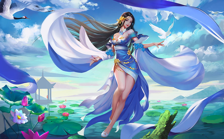 Ethereal Fantasy Dancer in Flowing Blue Veils Amidst Lotus Pond and Cranes HD wallpaper