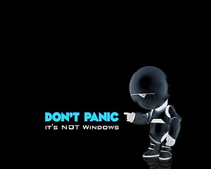 Tux the Linux Penguin Mascot Pointing at Don't Panic It's Not Windows Text on Black Background HD wallpaper