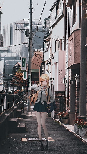 Marin Kitagawa in School Uniform on a Japanese City Street HD phone wallpaper