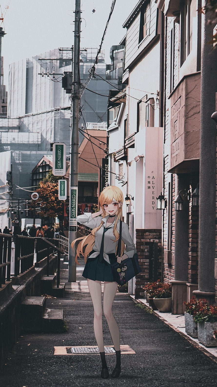 Marin Kitagawa in School Uniform on a Japanese City Street HD phone wallpaper