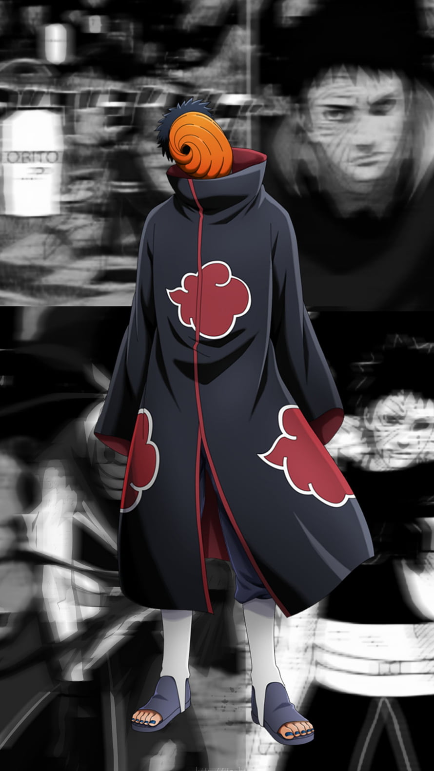 Obito Uchiha in Akatsuki Cloak with Orange Mask and Red Cloud Emblem HD phone wallpaper