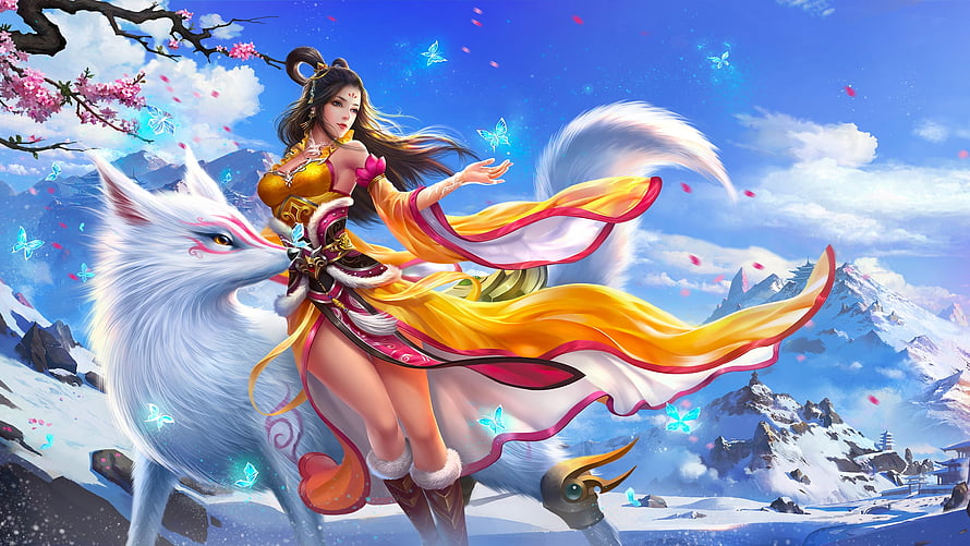 Elegant Fantasy Woman Riding a White Fox in a Snowy Mountain Landscape, White Fox, digital, fantasy, art, pretty, , girl, fox, woman HD wallpaper
