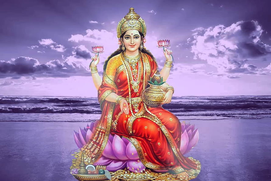 Goddess Lakshmi Seated on Lotus with Pot of Gold and Flowers on Beach HD wallpaper
