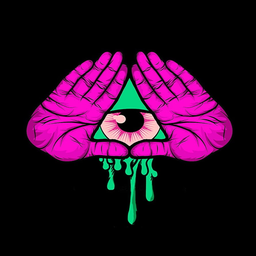 Neon Pink Hands Framing Green Triangle Eye with Dripping Paint on Black Background HD phone wallpaper