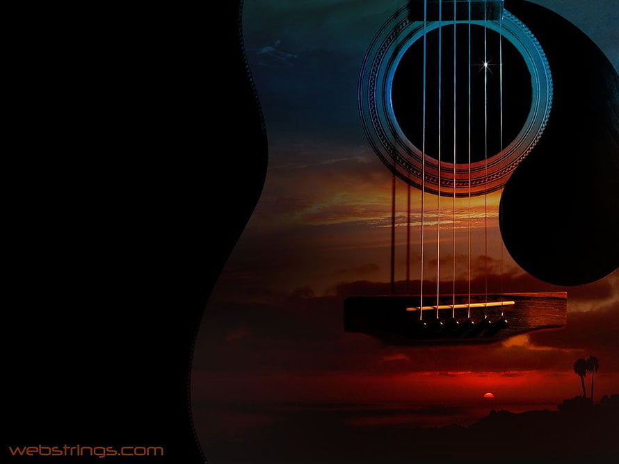 Acoustic Guitar Silhouette Framing a Dramatic Sunset Over the Ocean HD wallpaper