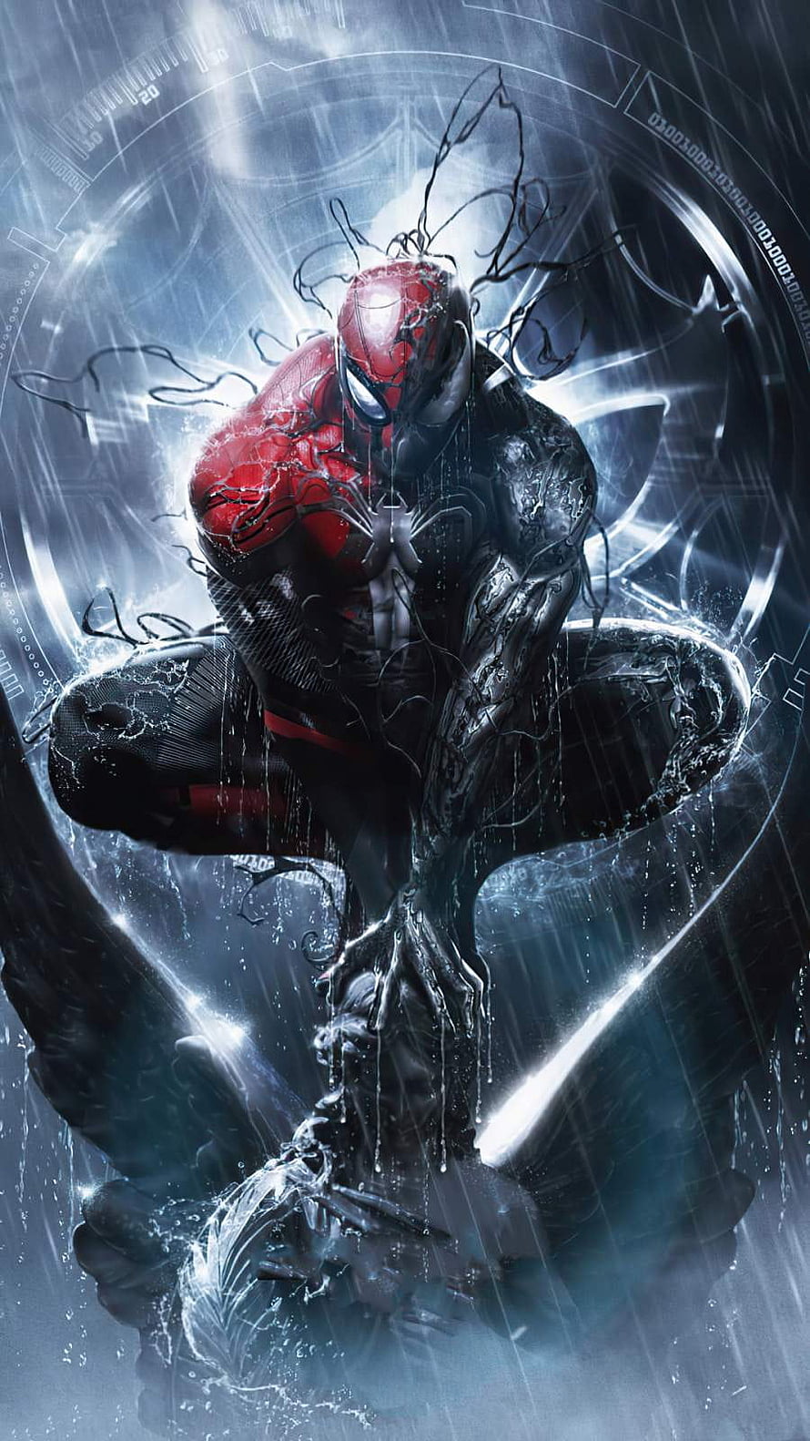 Venom Symbiote Spider-Man Crouching in Rain with Digital Interface Background, Venom Symbiote Spiderman - : , Symbiote Spider-Man HD phone wallpaper