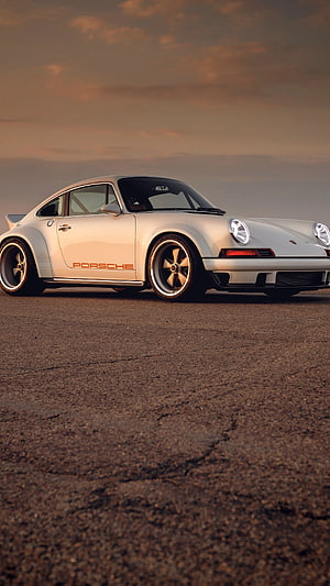 White Porsche 911 Classic Sports Car on Asphalt Road at Sunset HD phone wallpaper