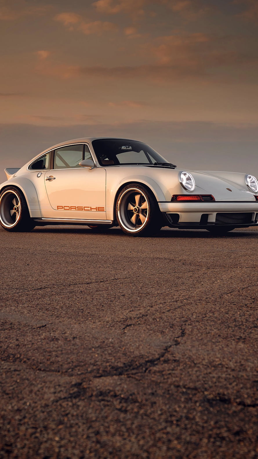 White Porsche 911 Classic Sports Car on Asphalt Road at Sunset HD phone wallpaper
