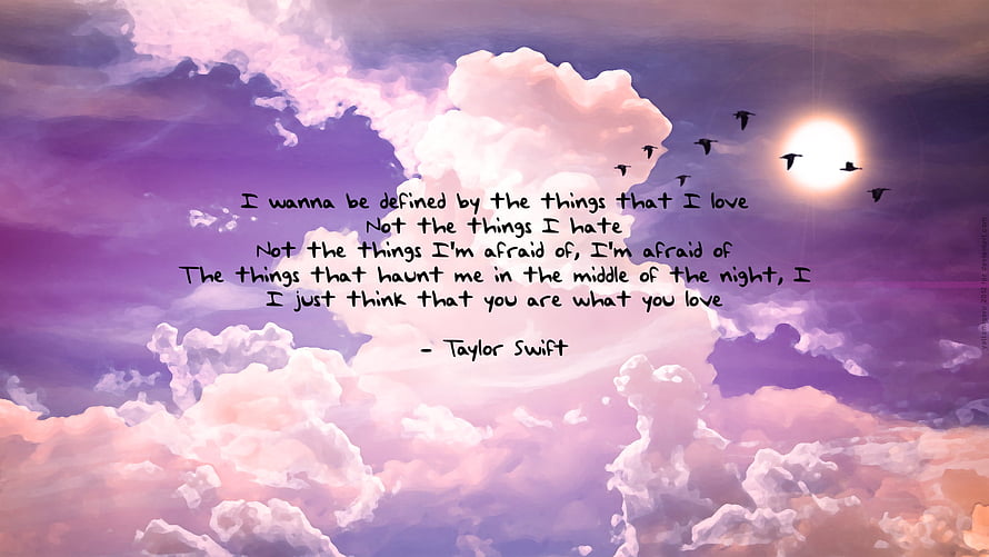 Taylor Swift Quote on Dreamy Purple Clouds with Birds and Sun HD wallpaper