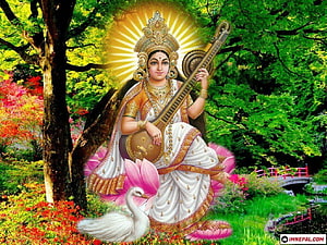Saraswati Goddess Playing Veena on Lotus with Swan in Lush Garden HD wallpaper
