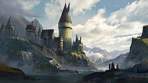 Majestic Fantasy Castle Perched on a Cliffside Overlooking a River and Mountains HD wallpaper