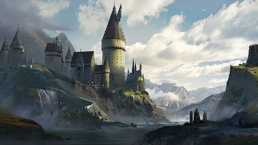 Majestic Fantasy Castle Perched on a Cliffside Overlooking a River and Mountains HD wallpaper