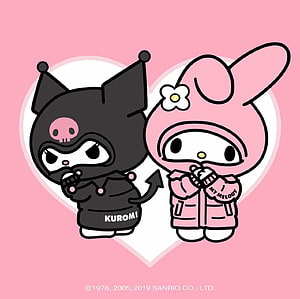 Cute Kuromi and My Melody Sanrio Characters in Matching Hoodies on Pink Background HD wallpaper