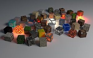 Minecraft Block Collection 3D Render with Lava, Obsidian, and Glowing Cubes HD wallpaper
