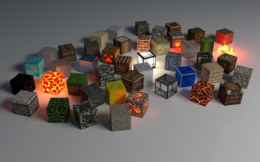 Minecraft Block Collection 3D Render with Lava, Obsidian, and Glowing Cubes HD wallpaper