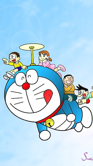Doraemon and Friends Flying Through the Sky in Classic Anime Style HD phone wallpaper