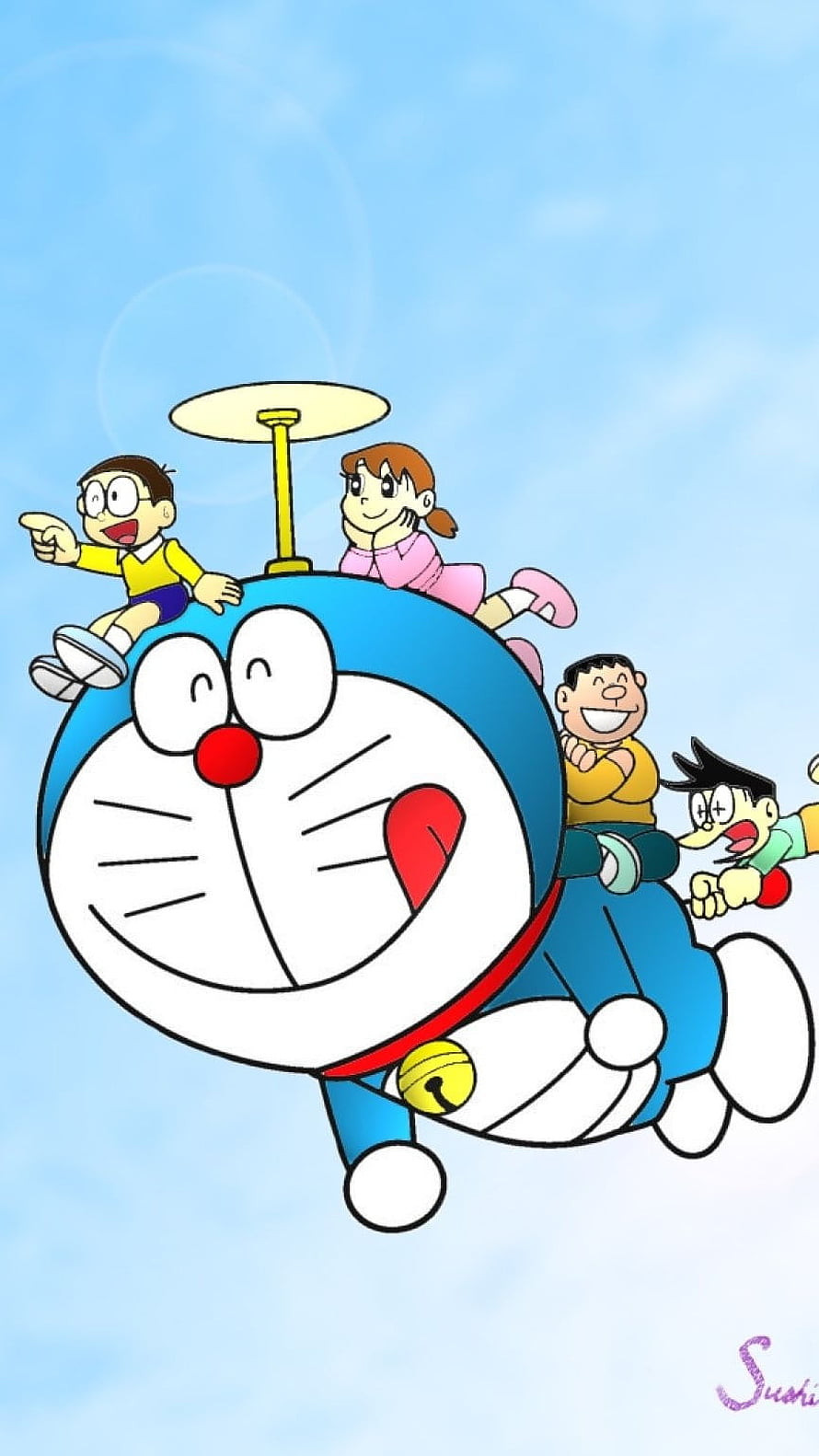 Doraemon and Friends Flying Through the Sky in Classic Anime Style HD phone wallpaper