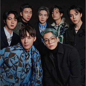 BTS Group Portrait in Dark Studio Setting with Bold Fashion and Accessories HD phone wallpaper