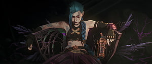 Jinx from Arcane Sitting in a Dark Room with Blue Hair and a Weapon HD wallpaper