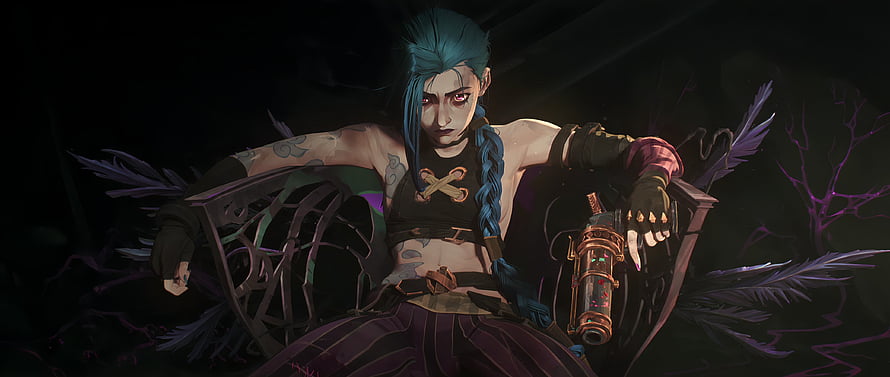 Jinx from Arcane Sitting in a Dark Room with Blue Hair and a Weapon HD wallpaper