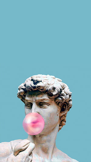 Michelangelo's David Statue Blowing a Pink Bubblegum Bubble Against a Teal Background HD phone wallpaper