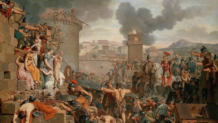 Classical Oil Painting of Ancient Siege Warfare and Mythological Battle Scene HD wallpaper