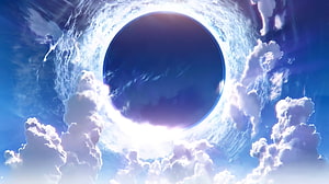 Mystical Blue Portal in the Sky Surrounded by Fluffy White Clouds and Bright Light HD wallpaper