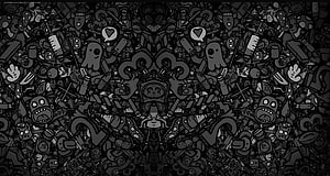 Inkheart Doodle Artwork with Symmetrical Cartoon Characters and Dark Monochrome Pattern HD wallpaper