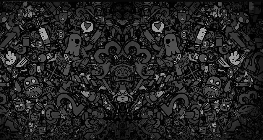 Inkheart Doodle Artwork with Symmetrical Cartoon Characters and Dark Monochrome Pattern HD wallpaper