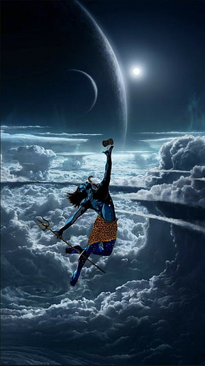 Blue-skinned deity holding a trident and churning cosmic ocean with a mountain HD phone wallpaper