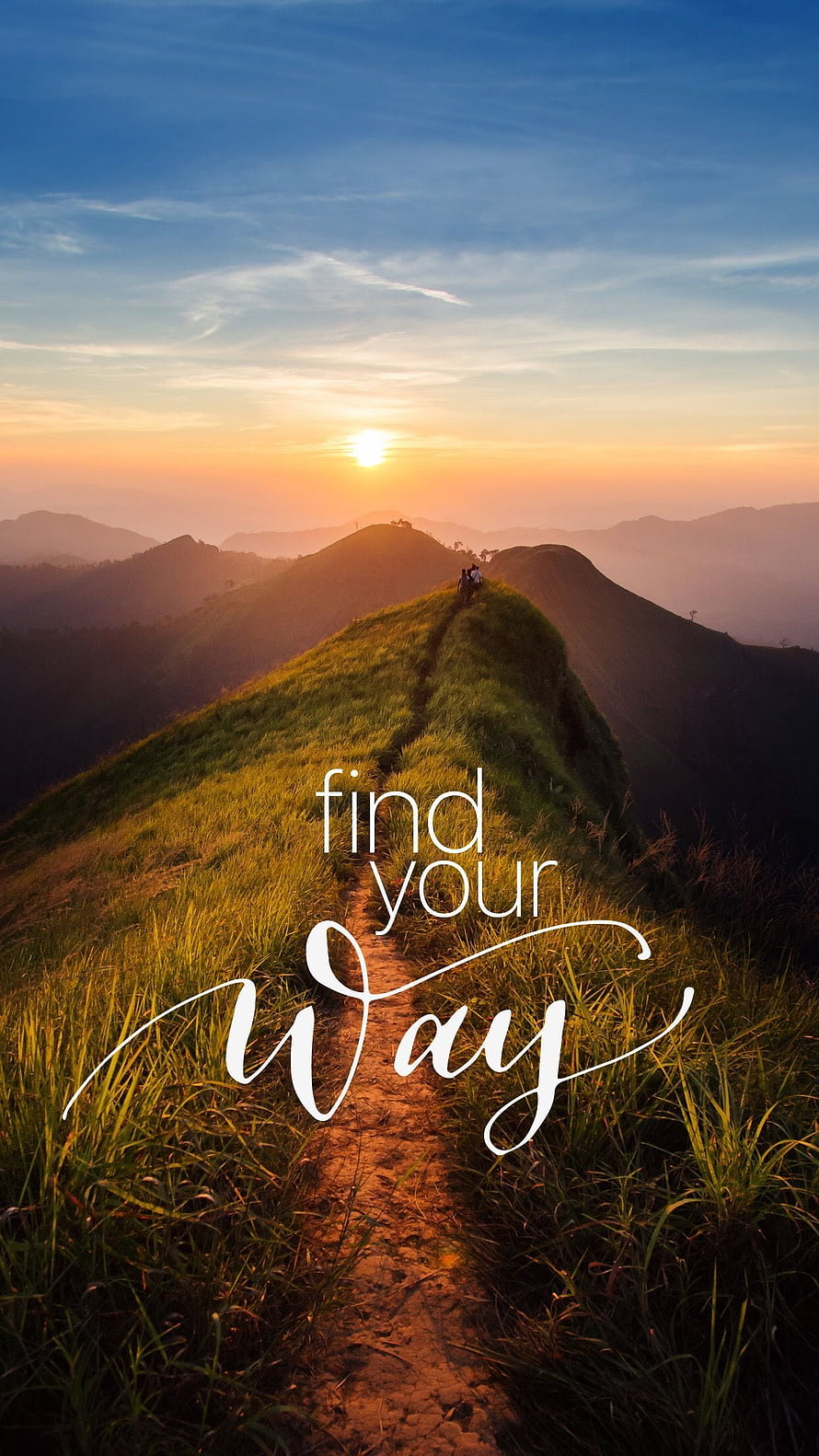 Hikers on a grassy mountain ridge path at sunrise with inspirational quote find your way HD phone wallpaper