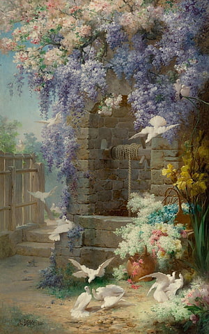 Victorian Garden Scene with Wisteria, White Doves, and Stone Well HD phone wallpaper