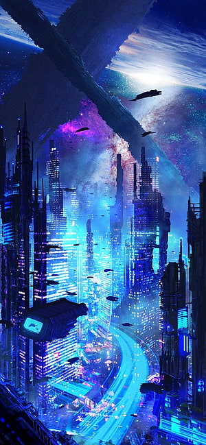 Neon-lit Cyberpunk Metropolis with Flying Vehicles and Cosmic Sky HD phone wallpaper