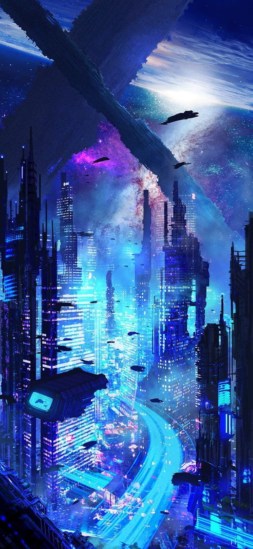 Neon-lit Cyberpunk Metropolis with Flying Vehicles and Cosmic Sky HD phone wallpaper