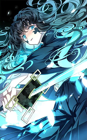 Muichiro Tokito from Demon Slayer wielding a glowing sword in a dynamic anime illustration HD phone wallpaper