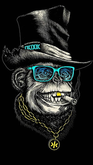 Stylized Monkey Portrait with Top Hat, Neon Glasses, and Gold Chain on Black Background HD phone wallpaper