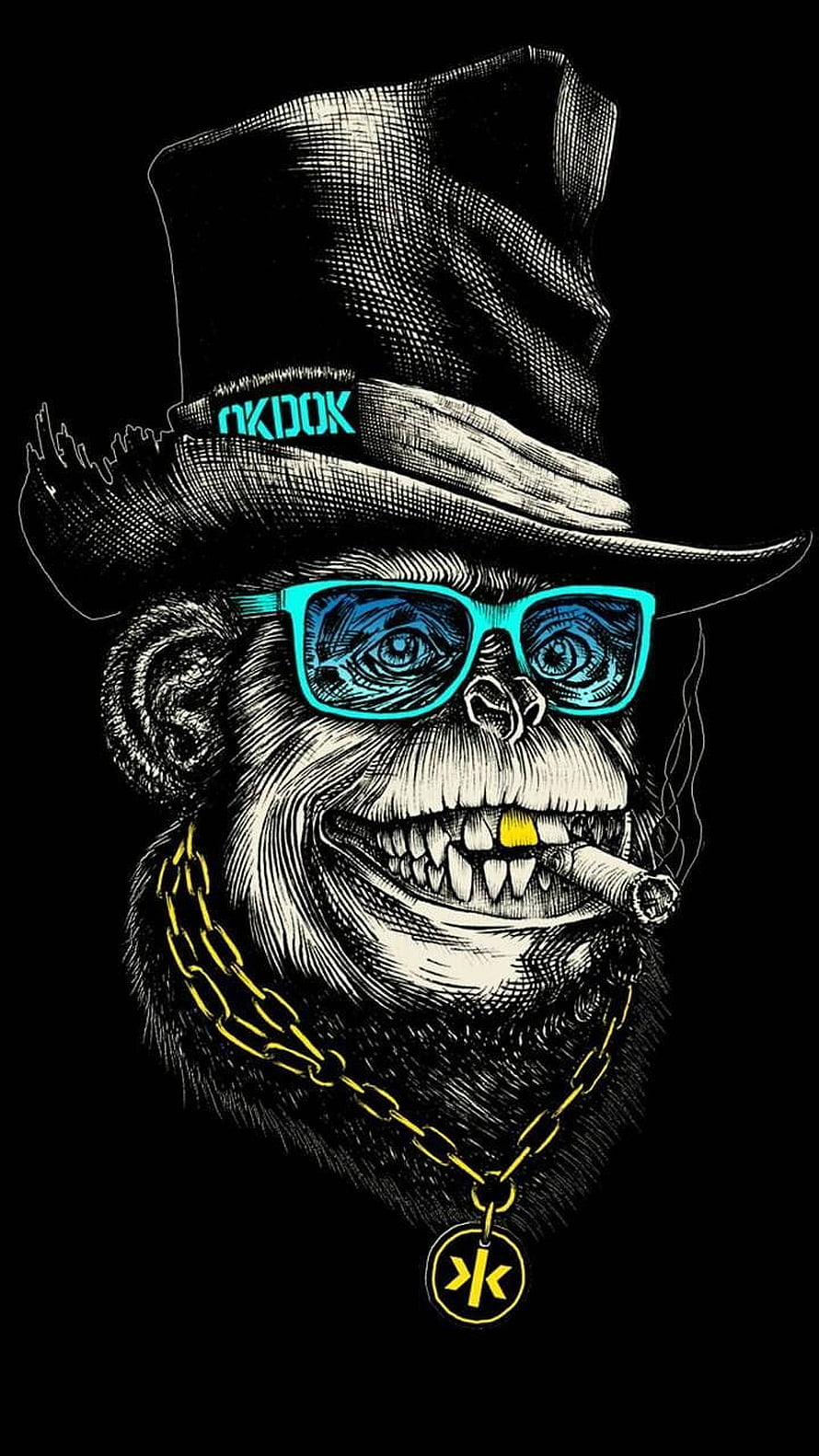 Stylized Monkey Portrait with Top Hat, Neon Glasses, and Gold Chain on Black Background HD phone wallpaper