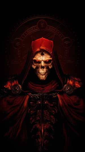 Diablo 2 Resurrected Skeletal Sorcerer Portrait with Glowing Red Eyes and Dark Ritual Circle HD phone wallpaper