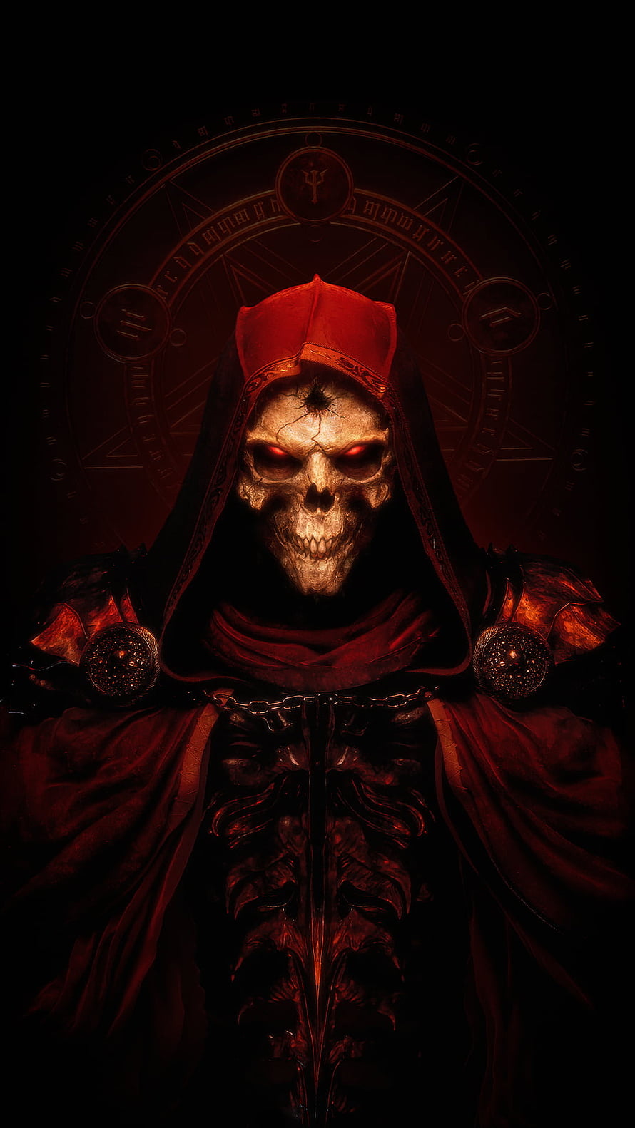 Diablo 2 Resurrected Skeletal Sorcerer Portrait with Glowing Red Eyes and Dark Ritual Circle HD phone wallpaper