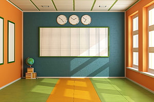 Bright Empty Classroom Interior With Grid Board, Wall Clocks, Globe, and Stacked Books HD wallpaper