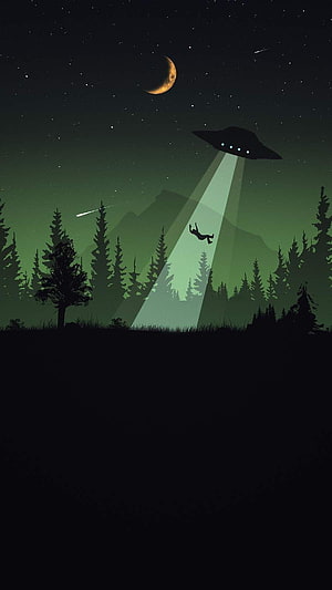 Alien UFO Abducting Human in Forest Night Sky with Crescent Moon, Canadian Nature Road Winter Mountains - : . Scenery , Abstract art , , Minimalist UFO HD phone wallpaper